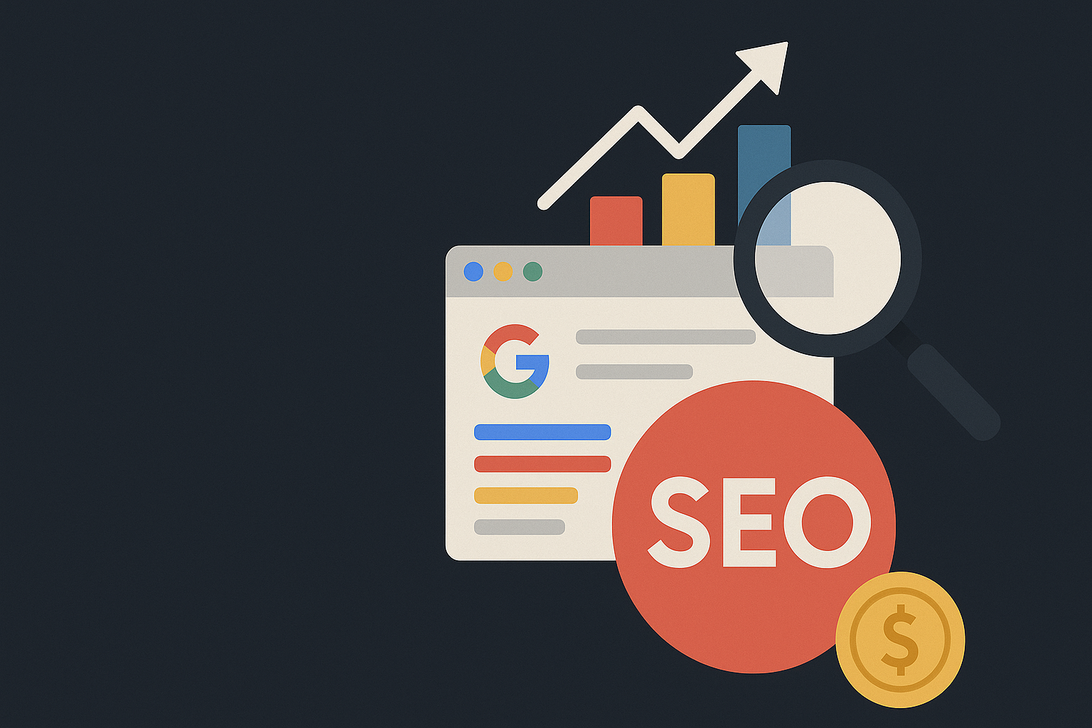 Ilustração sobre SEO em 2025 com gráficos, lupa e elementos do Google representando estratégias de ranqueamento